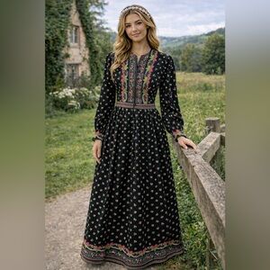 Eva Gabor by Estevez Vintage Prairie Maxi Dress XS Boho Folk Floral Vintage W